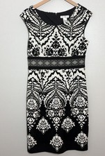 London Times Dress Womens 12 Black White Baroque Floral Sheath Midi Career