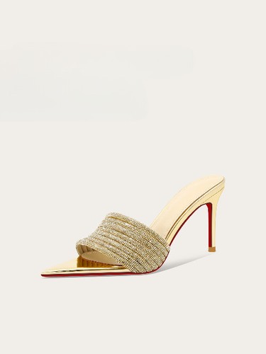 Golden Patent Leather Pointed Slippers High Heels Semi Sandals High-end Feel - Picture 2 of 12