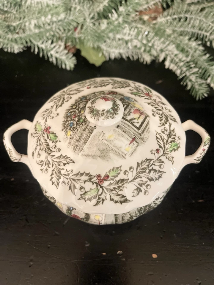 Johnson Bros. Feliz Navidad Ironstone Sugar Bowl con Tapa De Colección Inglaterra Foto 2 de 4