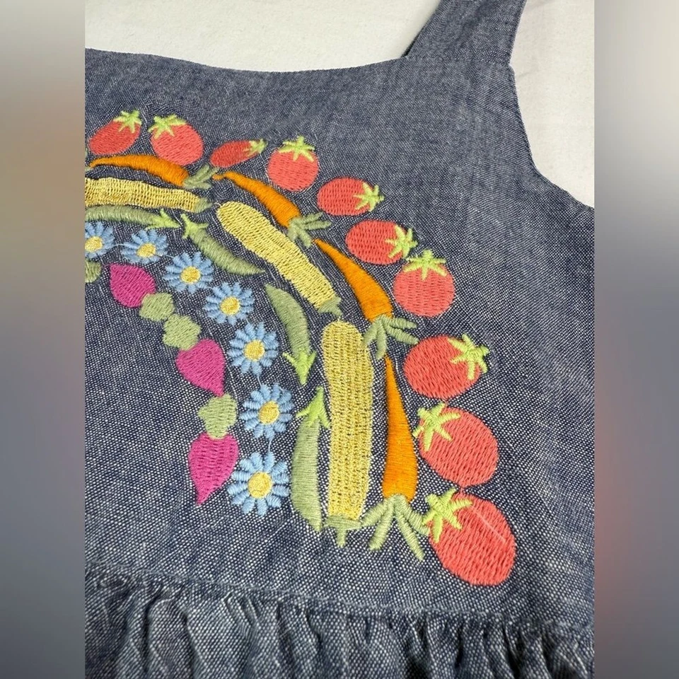 GYMBOREE Girls 12 Embroidered Veggie Garden Rainbow Chambray Dress Cottagecore - Image 3 of 4