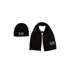 Michael Kors Logo Womens Black Knit Dome Studded Beanie Hat Scarf 2 Pc Sets New