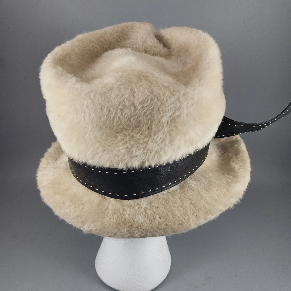 Sombrero estilo pastillero de piel de Marche vintage con borde y banda de cuero - Mod años 60 beige Foto 4 de 4