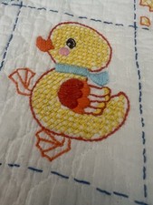 Vintage Handmade Cross Stitch Nursery Crib Quilt Blanket Teddy Bear Duck 53"x32"
