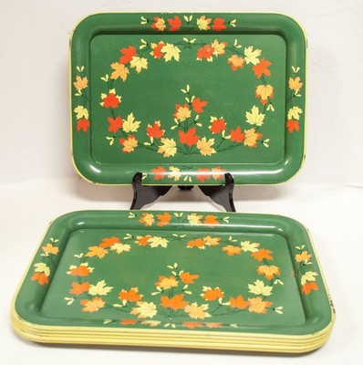 Vintage Metal Green Fall Leaves Serving Trays-MSM-Set of 6