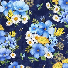 BOLT END 34 INCHES Timeless Treasures Bee Kind Blue Wildflower Cotton Fabric
