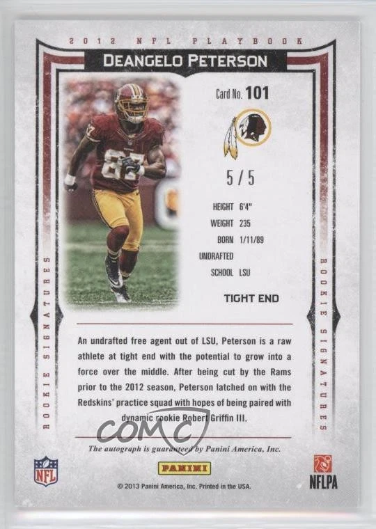 2012 Panini Playbook Signatures Green /5 Deangelo Peterson #101 Rookie Auto RC - Image 2 of 2