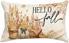 Hello Fall Dried Pampas Grass Throw Pillow Covers 12x20 Inch,Autumn Floral Decor
