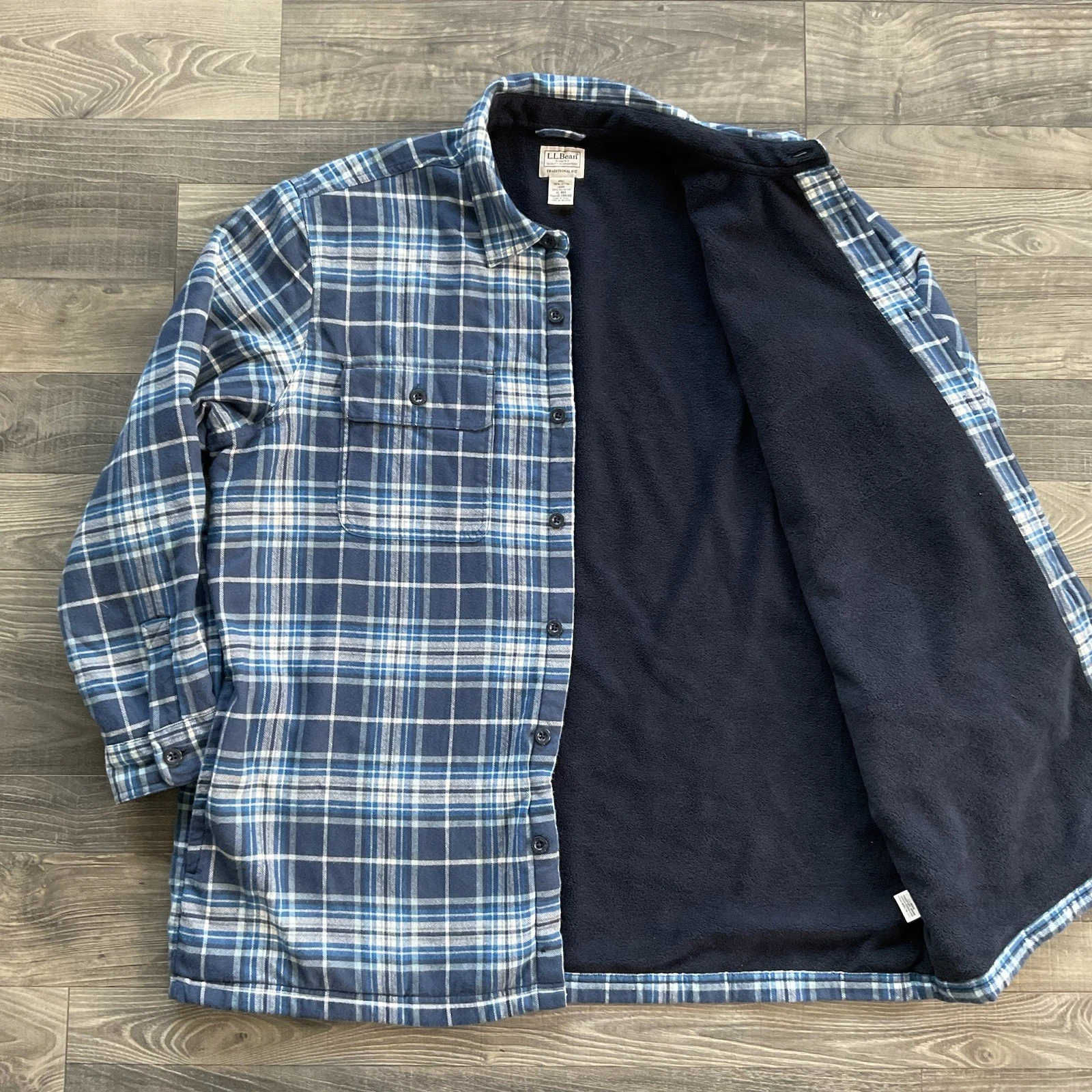 LL Bean Fleece Lined Flannel Shirt Jacket Men’s XL Blue Plaid Pockets 298189