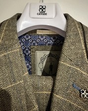 House of Cavani Brown Tweed Check Suit Slim Fit 40R 34R Single-Breasted