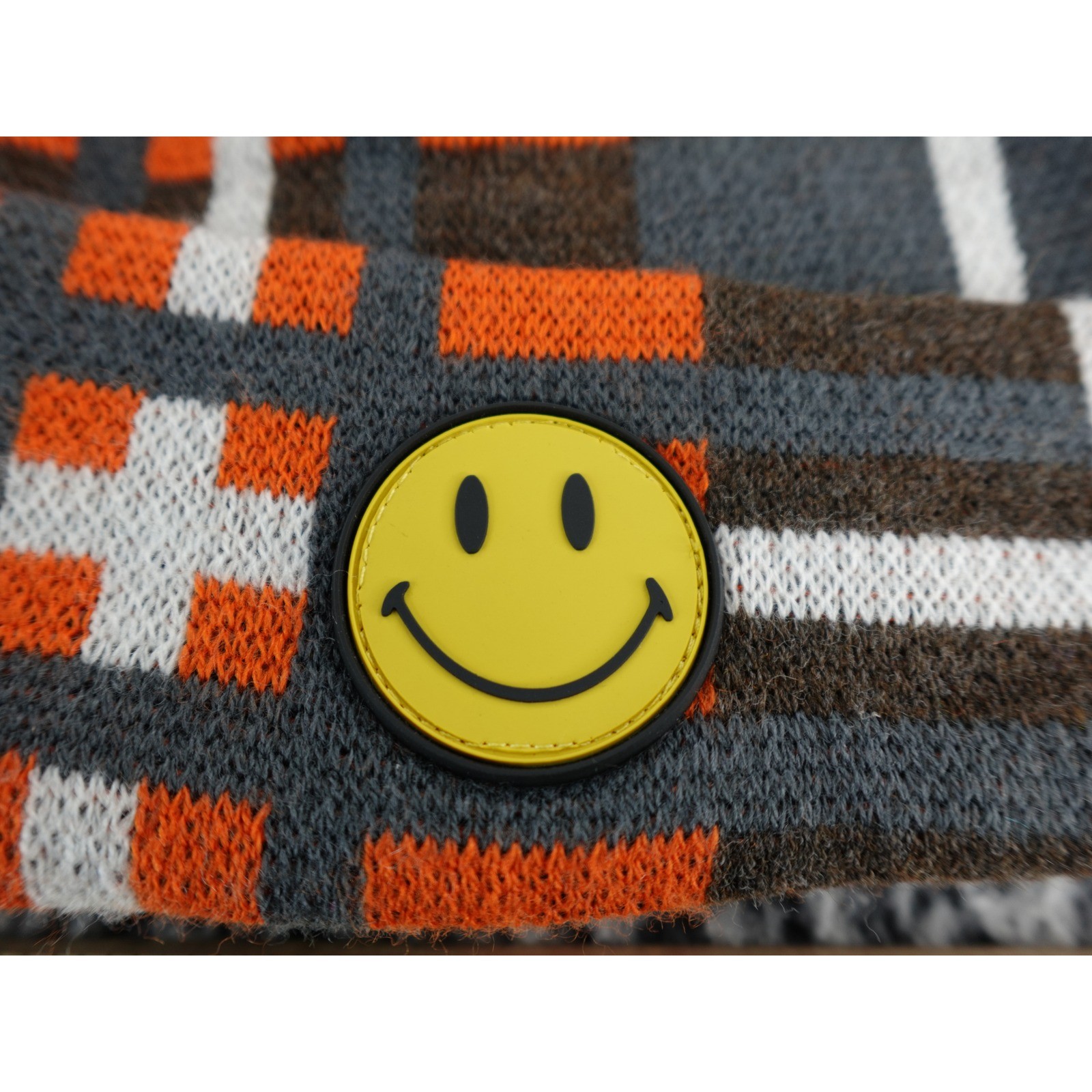 Chinatown Market Smiley Face Plaid Beanie Hat Orange Gray White image 4