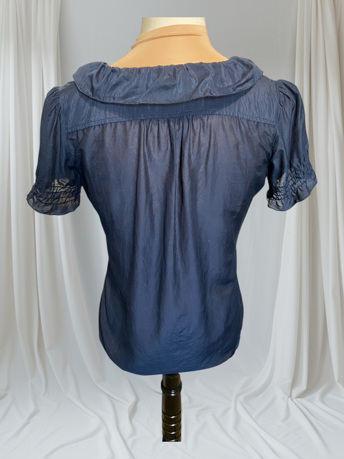 Gap Ruffle Front Button Down Blouse Navy Cotton S… - image 3