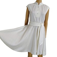 1970s White Fit Flare Belted  Short Polyester Bleeker Street Dress Size Small
