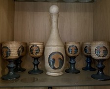 Laugharne Pottery Welsh Studio Decantter And Stopper With 6 Glasses