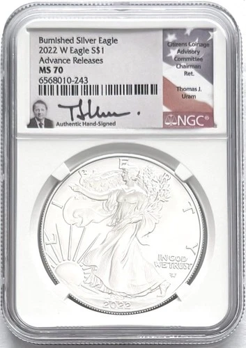 2022 W BURNISHED SILVER EAGLE ADVANCED RELEASES NGC MS70 THOMAS URAM FLAG LABEL