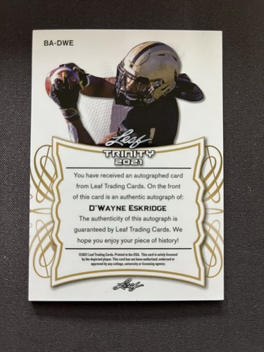 2021 LEAF D'Wayne Eskridge 33/50 RC AUTO SP Leaf Trinity Rookie XRC Rookie WR - Foto 2 di 2