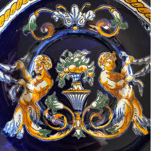 Piatto piano vintage Gien France fondo blu dipinto a mano terra Faience - Foto 6 di 10