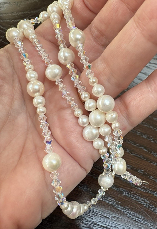 Vintage 925 Genuine PEARL & CRYSTAL Necklace Sterling Silver Clasp 27.5 in Long