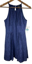 B Darlin Dress Juniors size 9 Navy Lace Halter Fit Flare Keyhole Knee Length