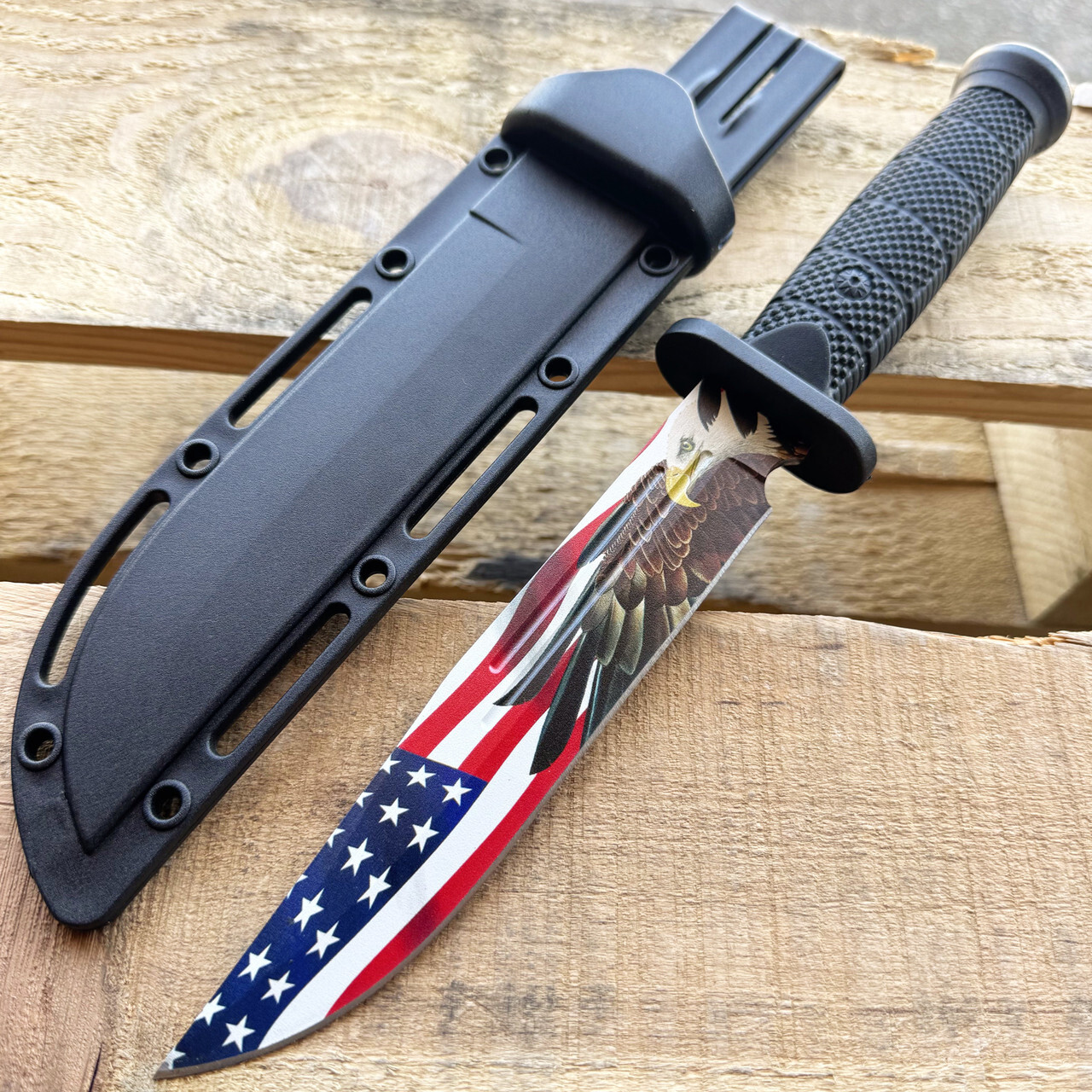 12.5" Military Outdoor Survival Combat Fixed Blade w/ Bald Eagle USA Flag Design