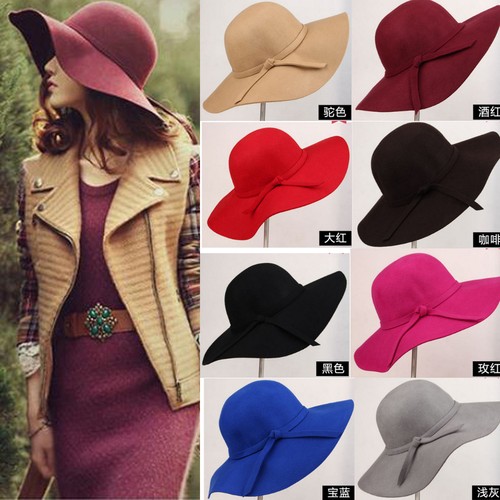 Ladies Women Soft Wool Felt Fedora Floppy Cloche Wide Brim Bowknot Hat Cap