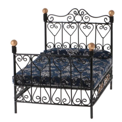Europäisches 1:12 Metallbett mit Blumenmatratze Zubehör für Puppenstube Schlafzimmer