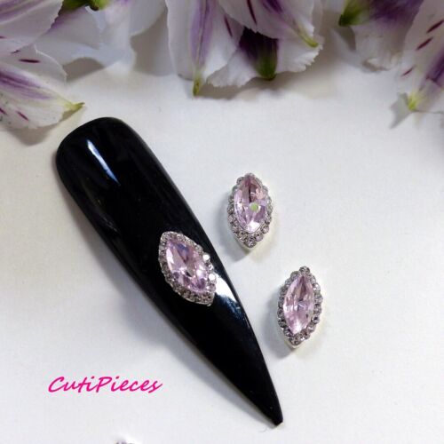 Arte en uñas 3D rosa pálido ojo almendra estrás marco plateado joyas gemas aleación metal - Imagen 6 de 11