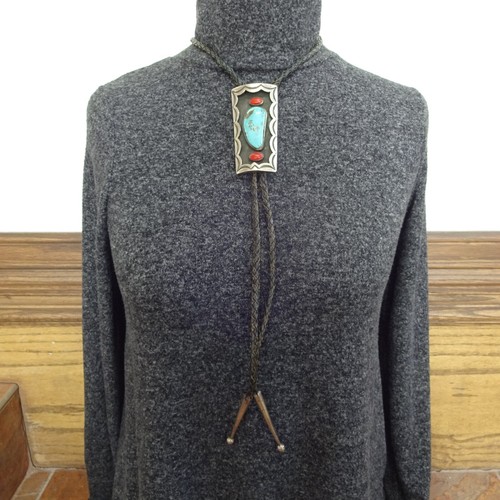 VINTAGE Aaron Chischiligi NAVAJO Sterling Silver TURQUOISE and CORAL BOLO Tie - Picture 5 of 15