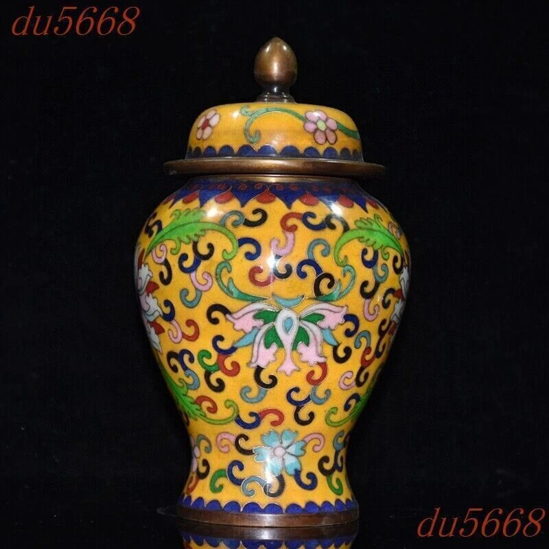 Tarro de bote de tanque de vajilla con patrón de flores Cloisonne de bronce chino de 8" Foto 2 de 4
