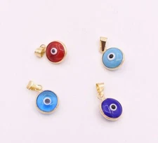 Round Light & Dark Blue Coral Evil Eye Luck Charm Pendant Real 14K Yellow Gold