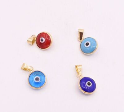 Round Light & Dark Blue Coral Evil Eye Luck Charm Pendant Real 14K Yellow Gold