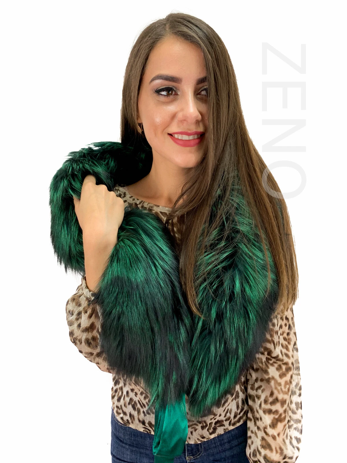 Silver Fox Fur Collar 47' (120cm) Dyed Green Saga Furs Scarf Stole Fur Shawl