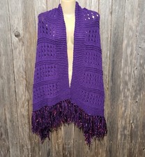 NEW Purple Long Hand Knitted Knit Eyelet Shawl Wrap Boho Hippie Fringed Cowgirl