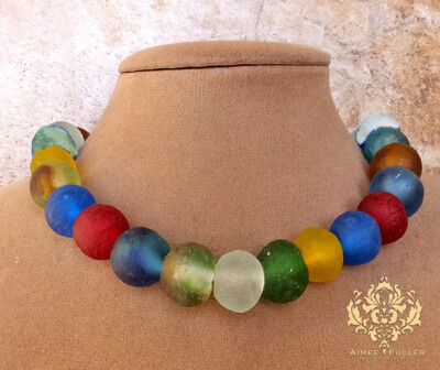 African Krobo Tribe Crushed Recycled Glass Necklace Matte Rainbow Colors  Red