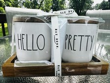 RAE DUNN HELLO PRETTY COSMETIC JAR WOOD TRAY 3 PIECE SET TRINKET JEWELRY NEW 