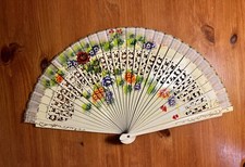 Hand painted foldable signed MARIO Wooden Hand Fan - rare - collectables