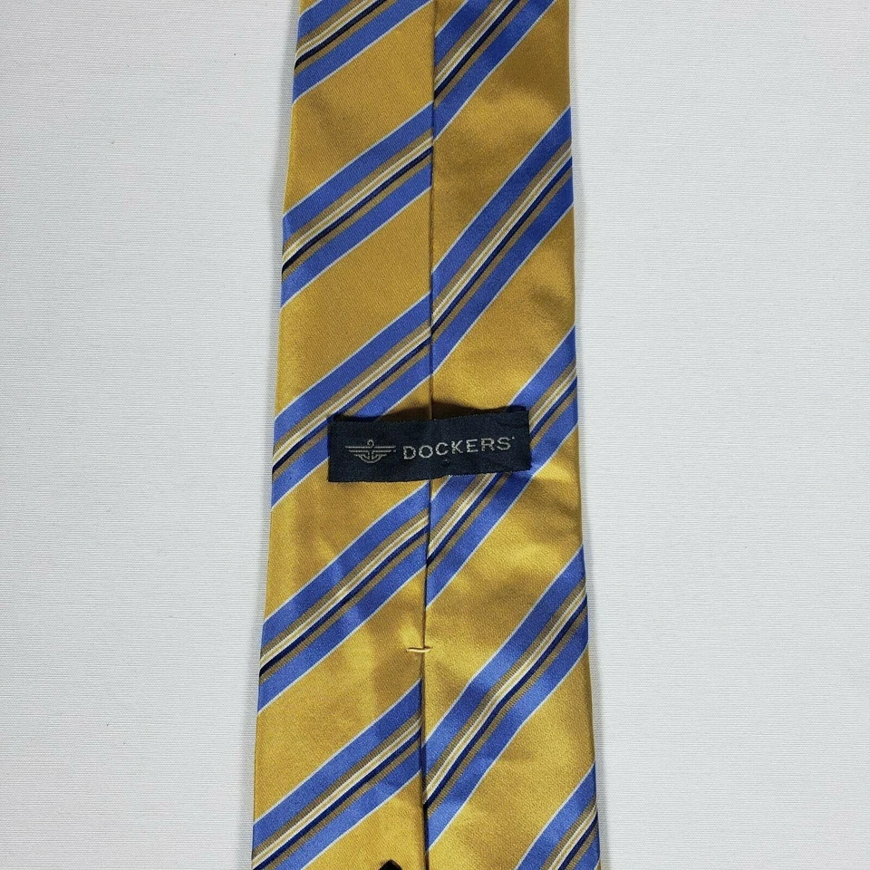 DOCKERS Men's Neck Tie, 100% Silk, Hand Made, Striped, Gold & Blue with Gift Box - Изображение 3 из 4