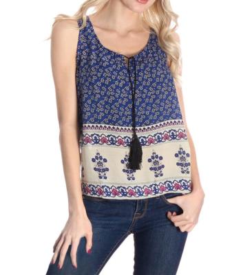 Women Fashion Clothing Blue Printed Tassel Top #EA072 free shipping S M L pick s