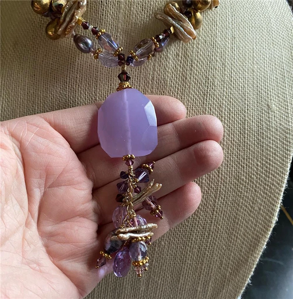 Collar Gargantilla Colgante Borla Piedras Púrpura Lavanda, Cuentas, Cristales, Perlas Foto 3 de 4