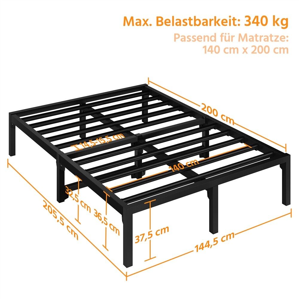 Metallbett Bettgestell ohne Kopfteil Fußteil Bettrahmen mit Lattenrost Schwarz