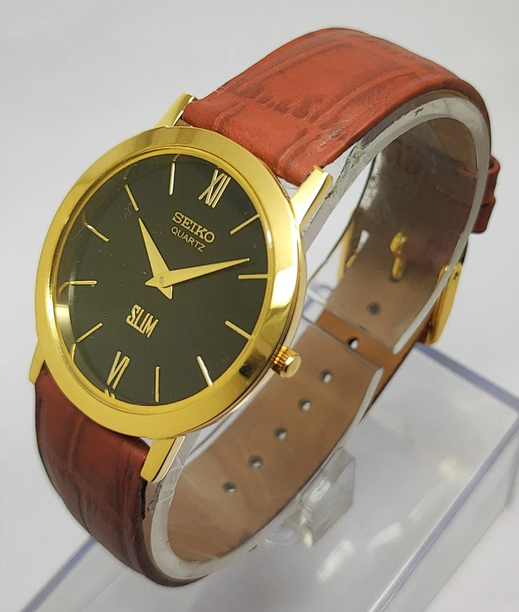Seiko Quartz Slim men Gold Plated Black dial Wrist watch working