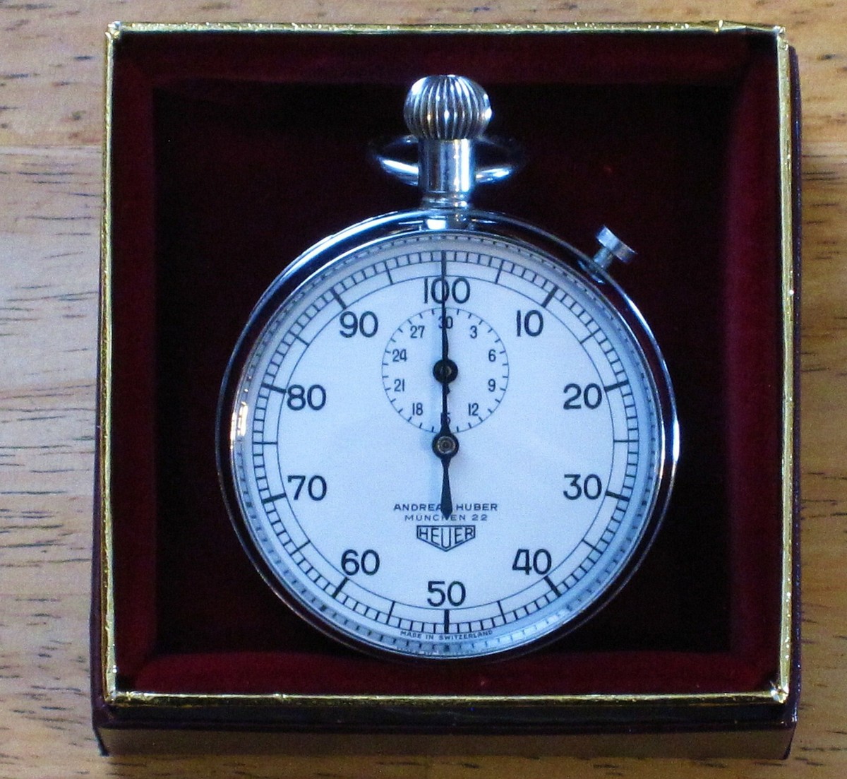 HEUER - ANDREAS HUBER CIRCA 1955 STOPWATCH 100TH MINUTE, 30 Minute