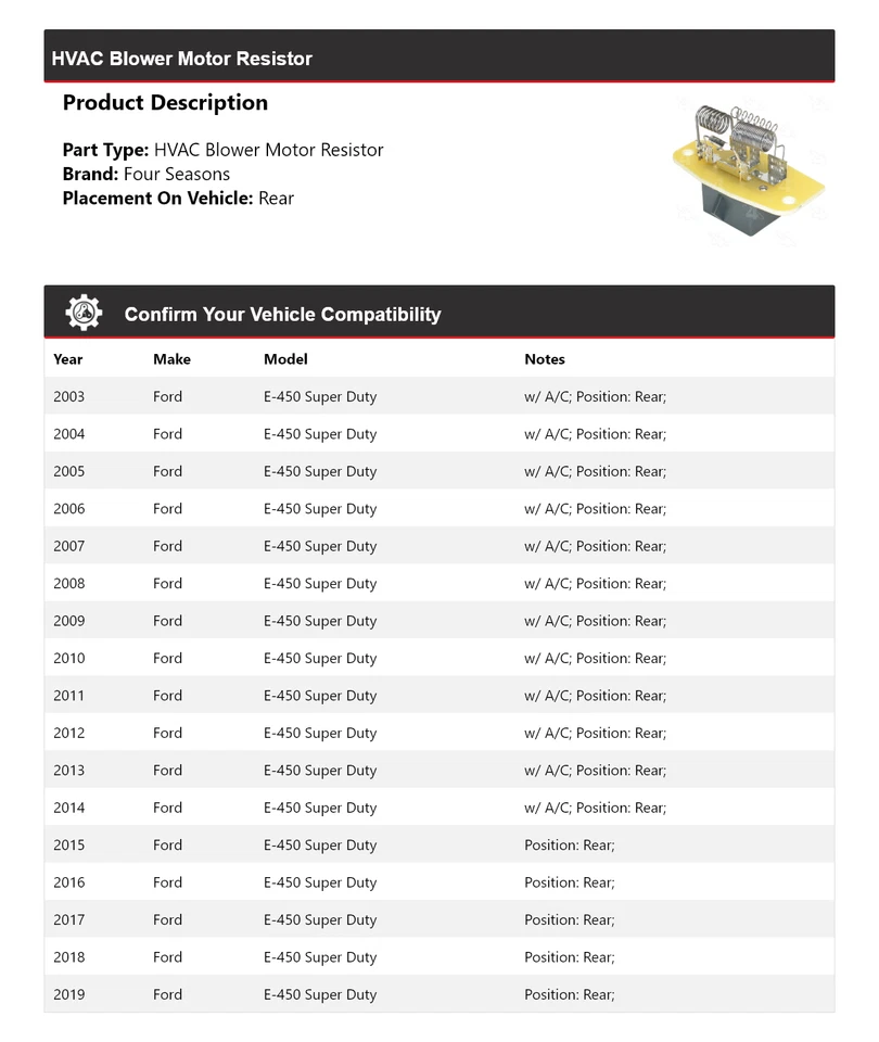 For 2003-2019 Ford E-450 Super Duty HVAC Blower Motor Resistor Rear 4 Seasons - Image 2 of 4