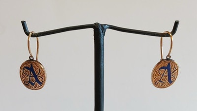 ANTIQUE VICTORIAN 10K GOLD BLUE ENAMEL LETTER A PIERCED EARRINGS