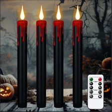 Halloween Black Flameless Taper Candles with Remote Timer, 4 Pcs Red Drip Wax LE