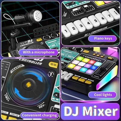 Kids DJ Mixer Board Controller Toy Set with Turntable, Piano Keys