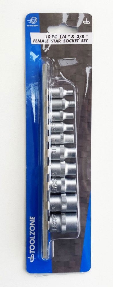 Female Star Socket Set 10Pc 4-18mm On Rail - Toolzone KDPSD077