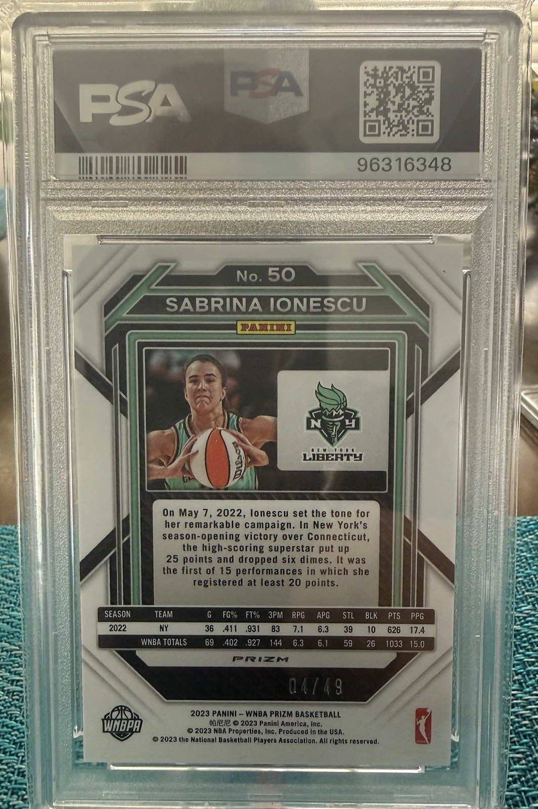 2023 Panini Prizm WNBA Sabrina Ionescu #50 Teal /49 PSA 9 Mint! Low Pop view 2
