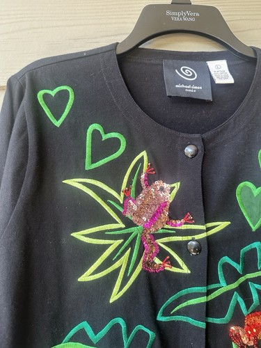 Michael Simon Event L Black Frog Heart Embroidered Sequin Button Cotton Cardigan - Picture 2 of 8