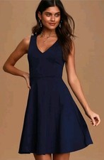 Lulu’s NWT Bon Appetit Navy Blue Skater Dress Stretch Ruffle Skirt Fit Flare S