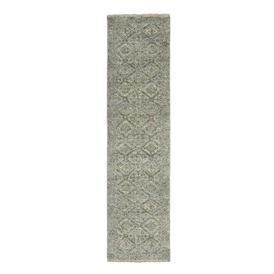 2'5''x10' Gray Broken Garden Design Runner Hand Knotted Pure Wool Rug 75754